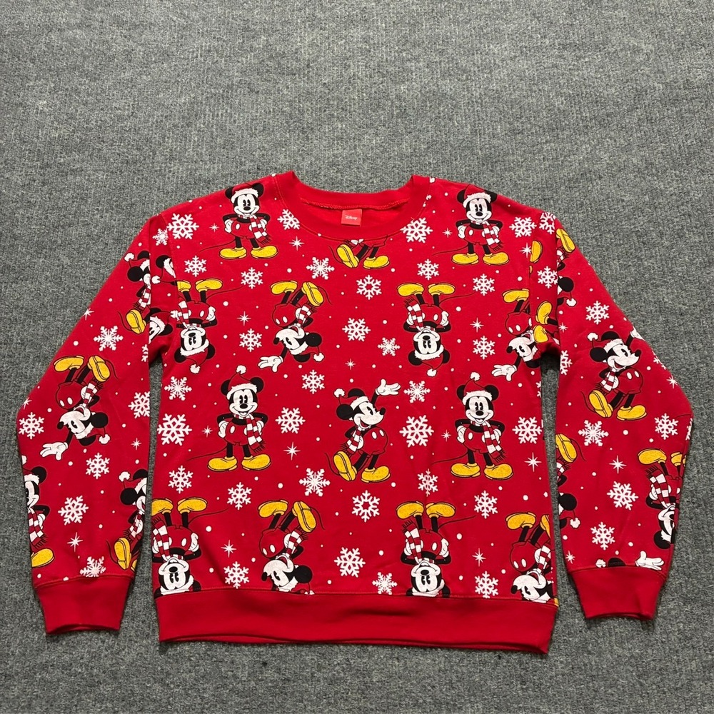 Disney Mickey Mouse Santa Snowflakes Womens Size M Red Pullover Long Sleeve